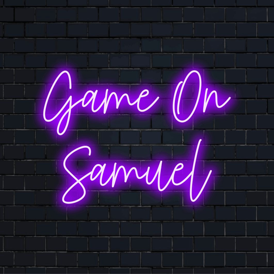 Game On Samuel Custom Name Neon Sign, neon text light against brick backdrop