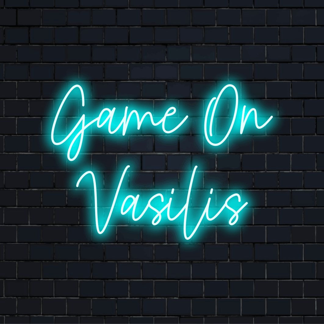 Game On Vasilis Personalized LED Neon Sign, glowing wall decor against brick backdrop