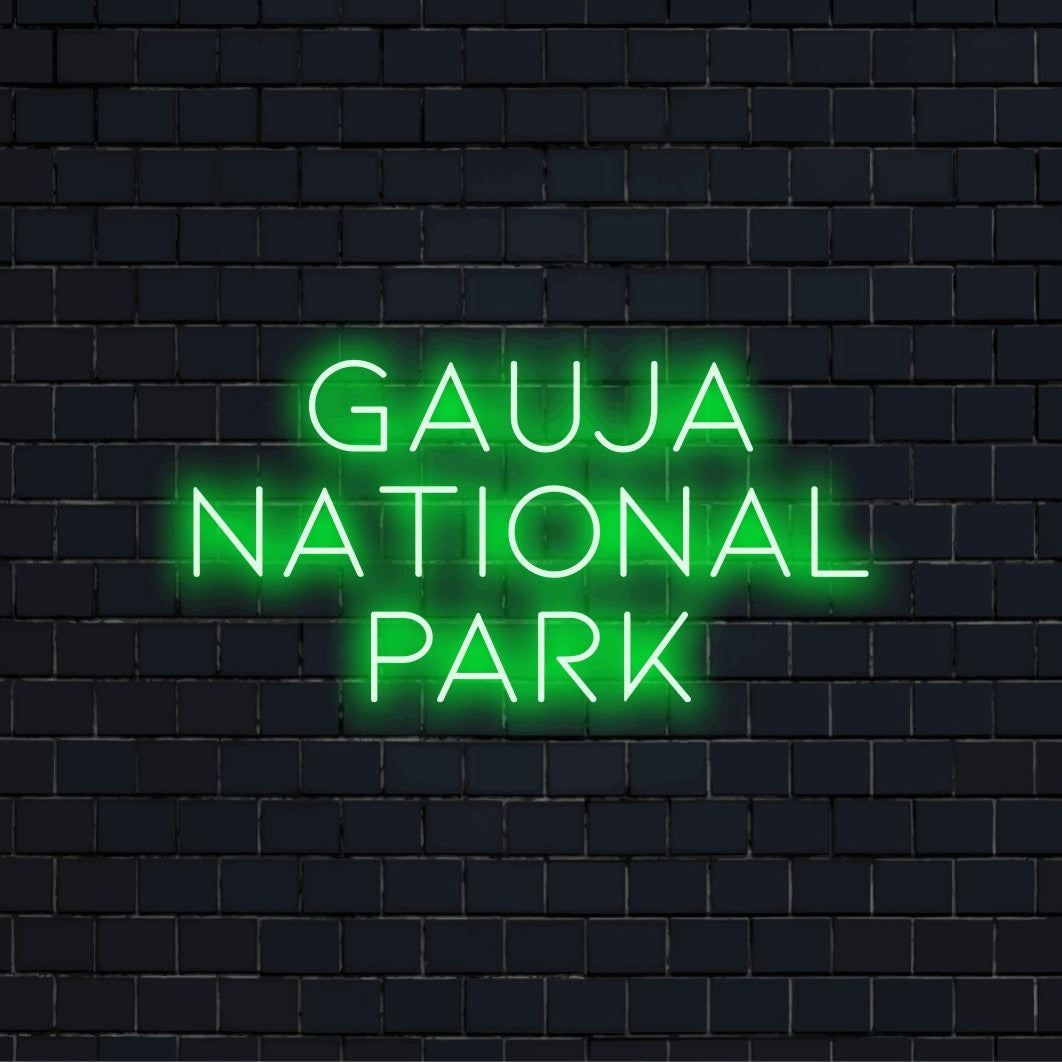 Gauja National Park Neon Sign, bright LED glow against brick backdrop