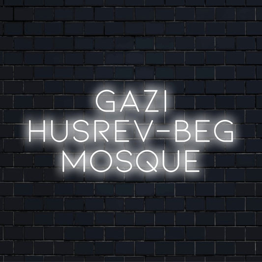 Gazi Husrev Beg Mosque Neon Sign, glowing wall decor against brick backdrop