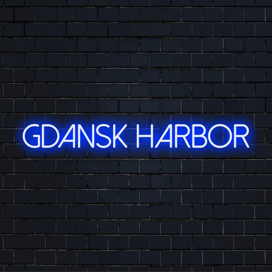 Gdansk Harbor Neon Sign, glowing wall decor on dark brick wall