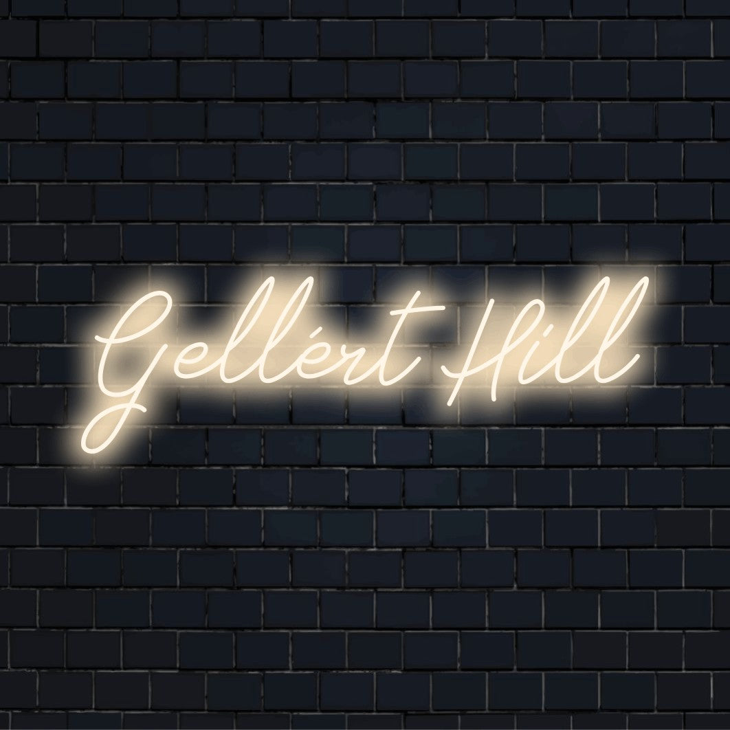Gell Rt Hill Neon Sign, glowing wall decor on dark brick background