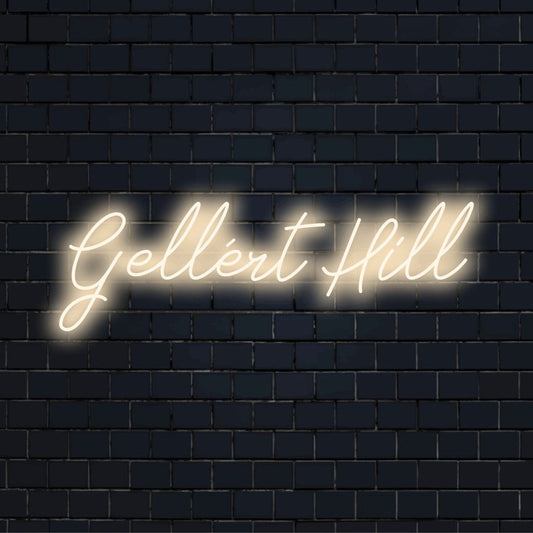 Gell Rt Hill Neon Sign, glowing wall decor on dark brick background