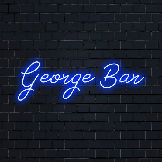 George Bar Custom Name Neon Sign, bright LED glow against black brick wall