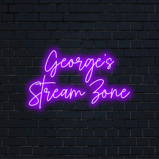 George_s Stream Zone Personalized Neon Light with bright neon glow against brick backdrop