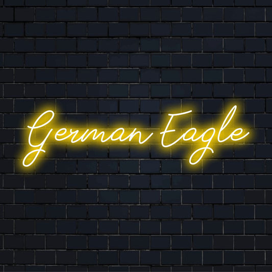 German Eagle Neon Light with bright LED glow on dark brick wall