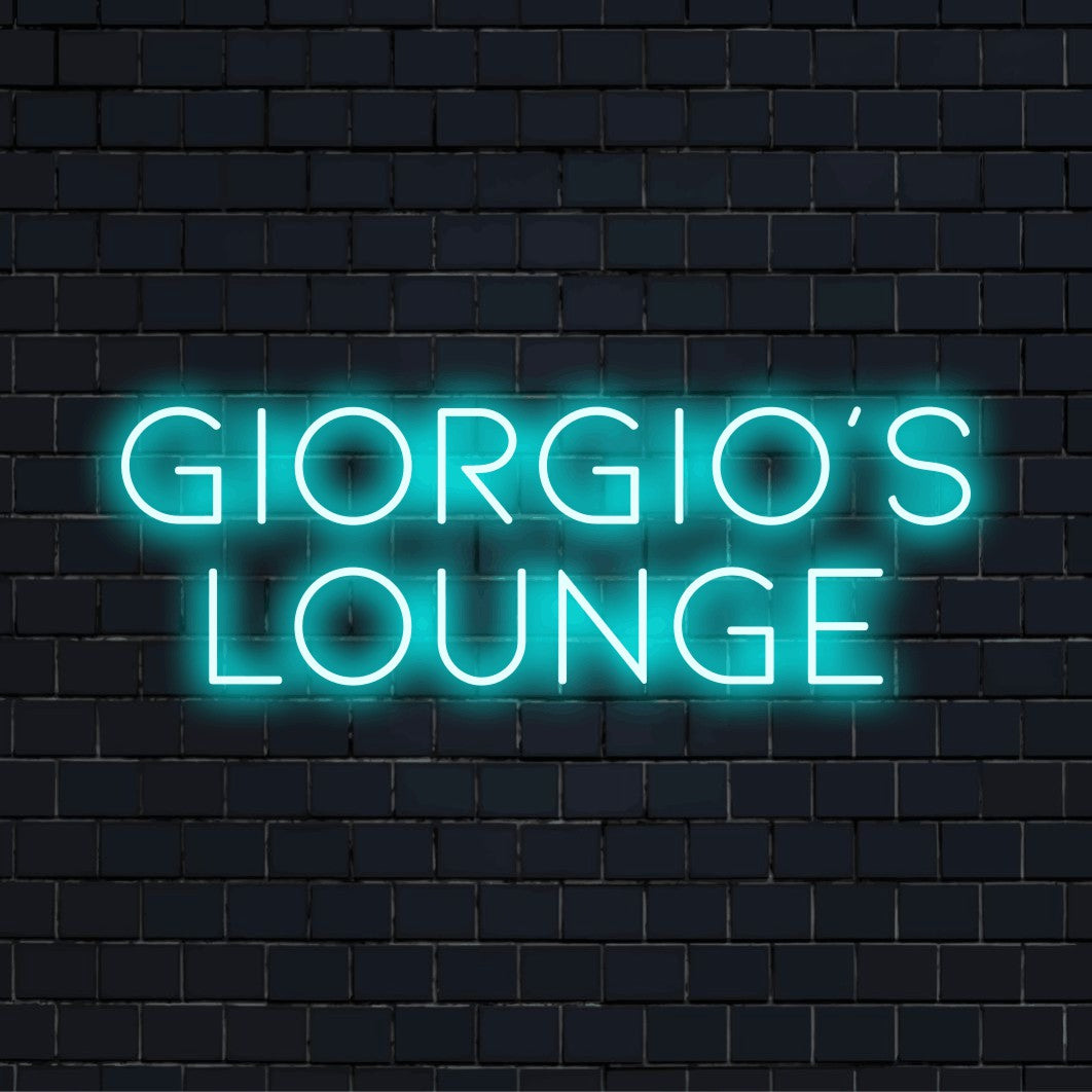 Giorgio_s Lounge Personalized Neon Light with glowing lettering on black brick background