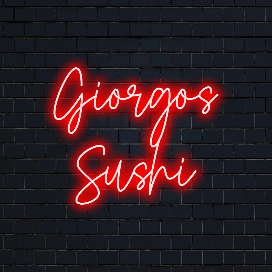Giorgos Sushi Personalized LED Neon Sign, bright neon glow on dark brick background