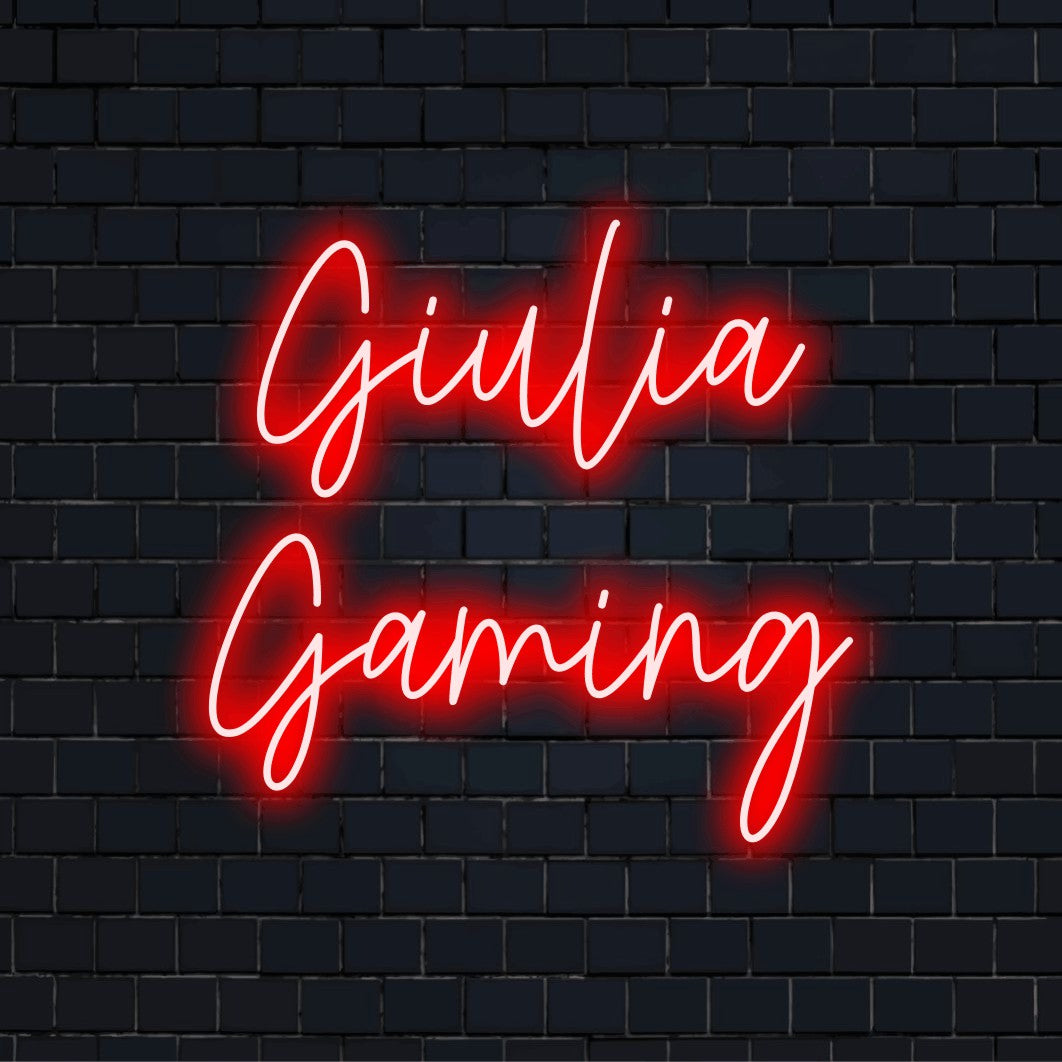 Giulia Gaming Custom Name Neon Sign, neon text light against brick backdrop