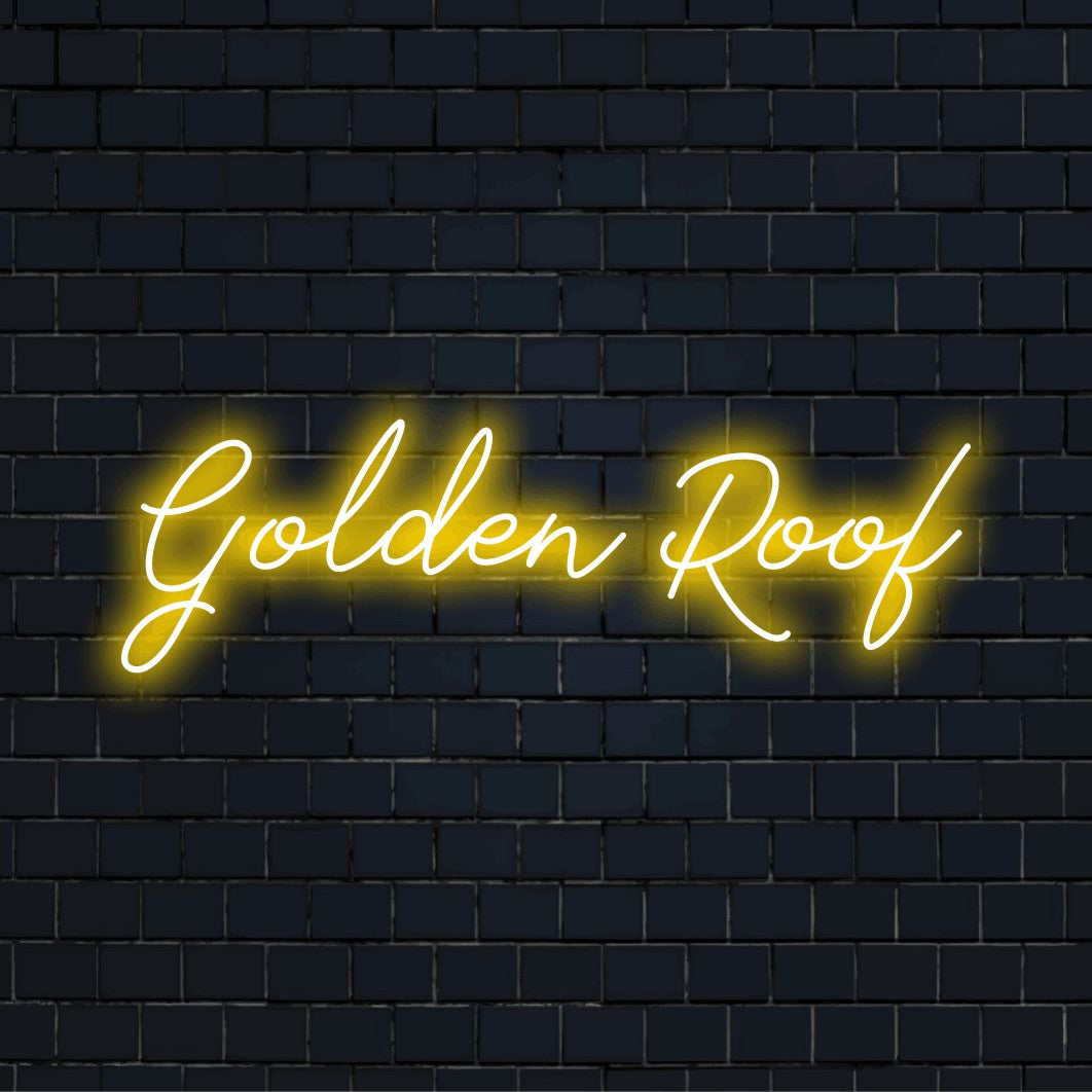 Golden Roof Neon Sign, glowing wall decor on dark brick wall