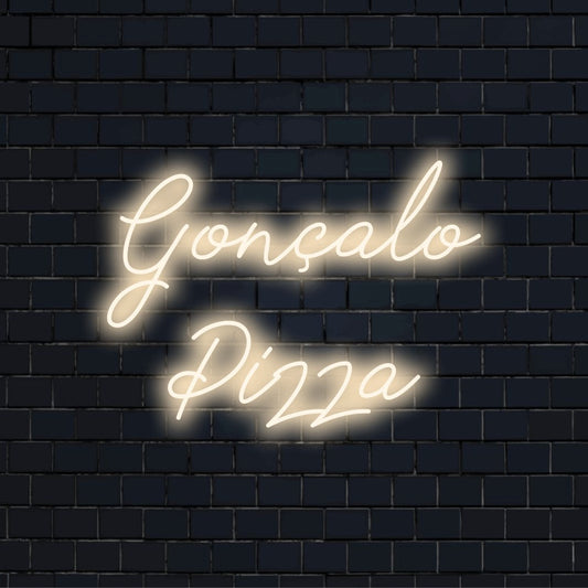 Goncalo Pizza Personalized Neon Light with bright neon lettering against brick backdrop