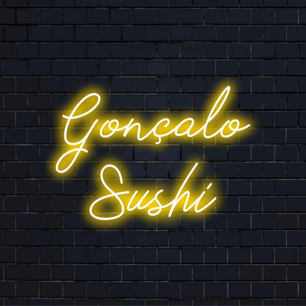 Goncalo Sushi Custom Name Neon Sign, bright LED glow on black brick background