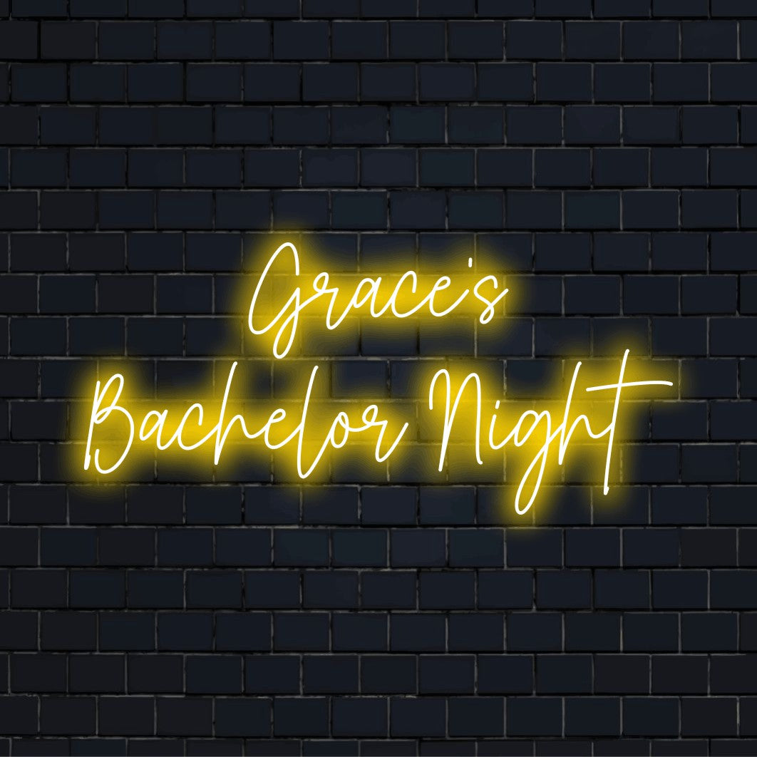 Grace_s Bachelor Night Custom Name Neon Sign, glowing neon text against black brick wall