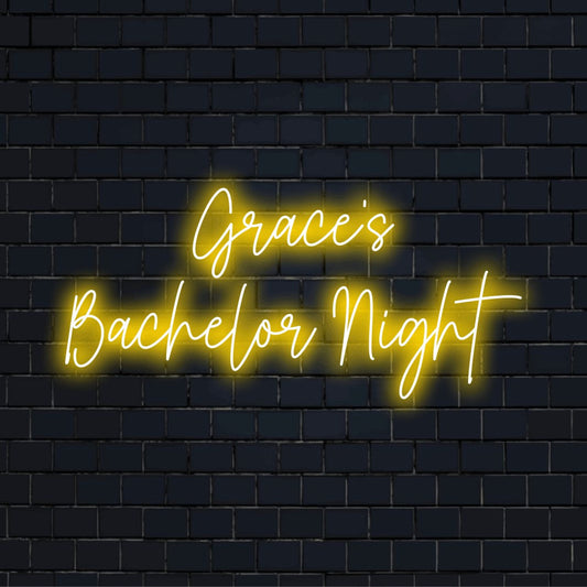 Grace_s Bachelor Night Custom Name Neon Sign, glowing neon text against black brick wall