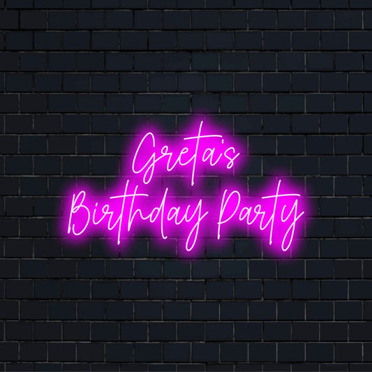 Greta_s Birthday Party Personalized Neon Light with glowing lettering against brick backdrop
