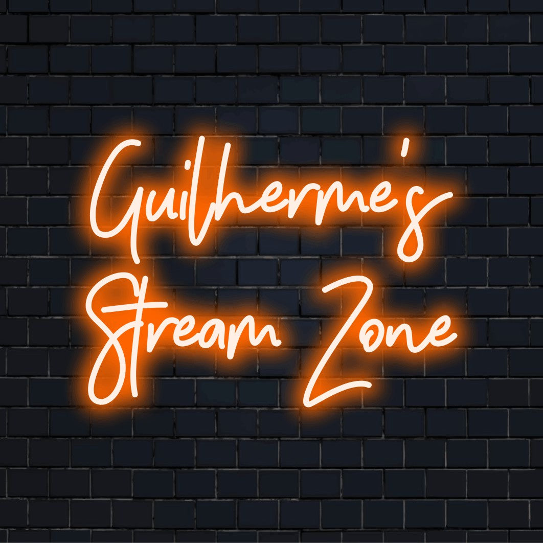 Guilherme_s Stream Zone Custom Name Neon Sign, glowing neon text on black brick background