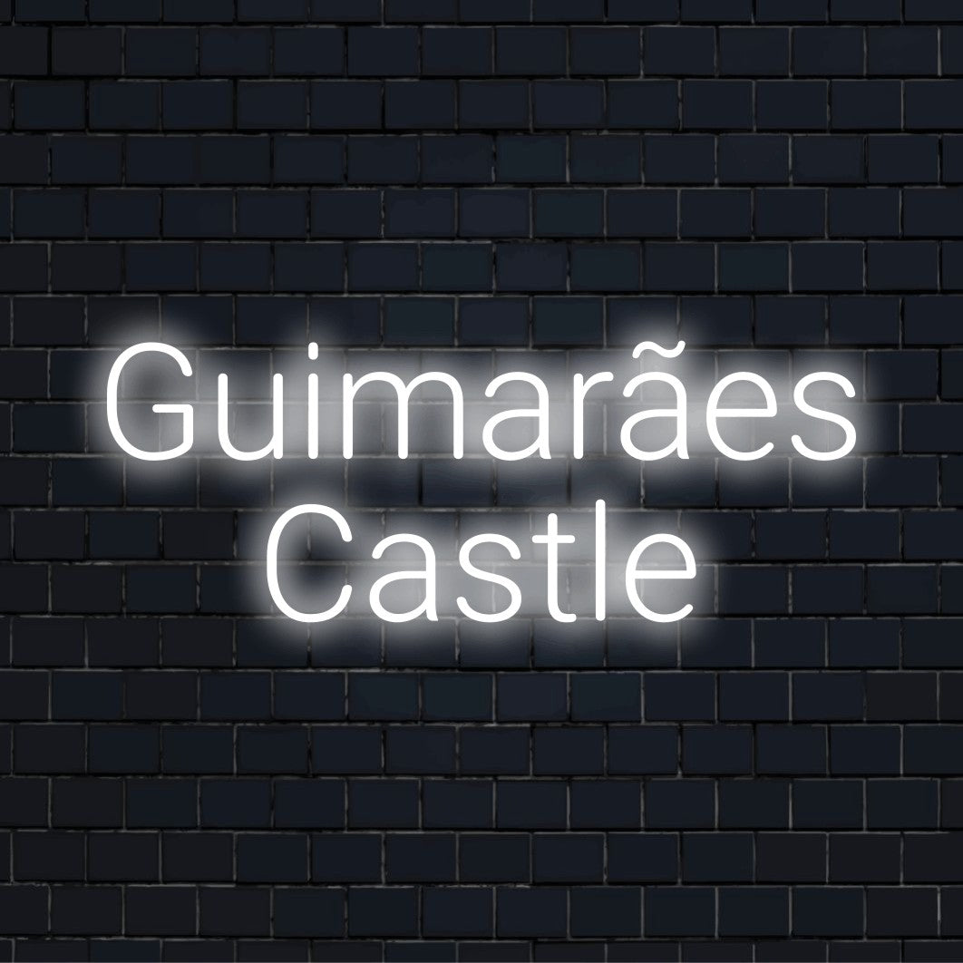 Guimar Es Castle LED Neon Sign, soft neon glow on black brick background