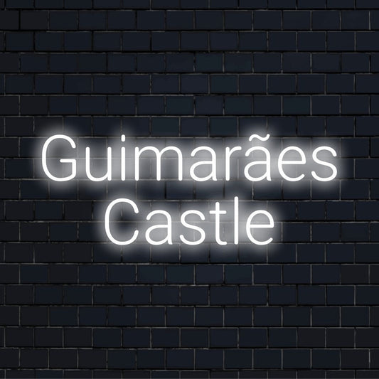 Guimar Es Castle LED Neon Sign, soft neon glow on black brick background