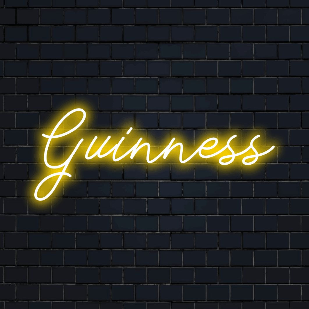 Guinness LED Neon Sign, glowing lettering on black brick background