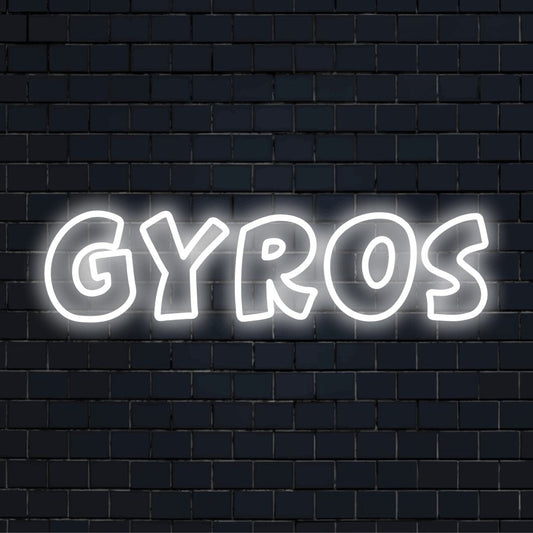 Gyros Neon Sign, glowing wall decor on black brick background