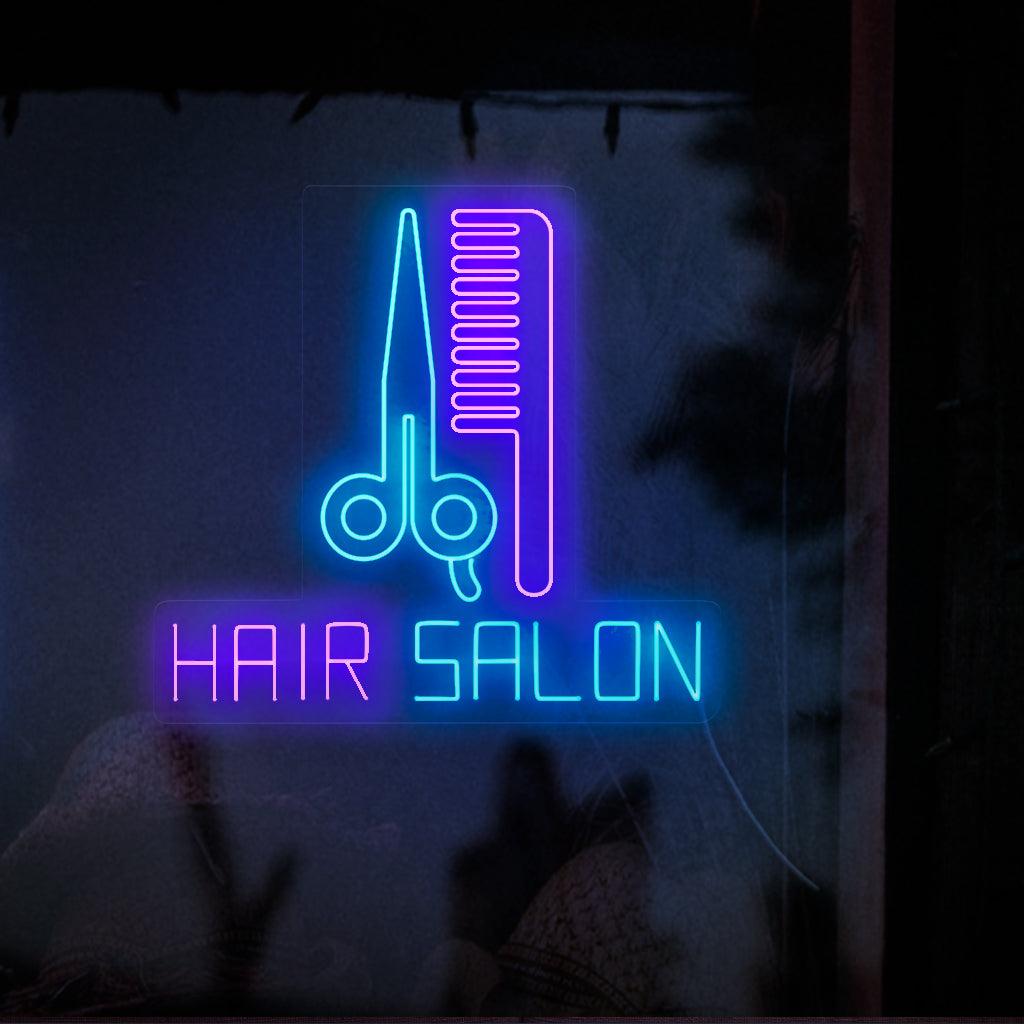 Ein elegantes und stilvolles Neonschild mit einer Schere und einem Kamm sowie den Worten „Friseursalon“, die in leuchtenden Neonlichtern erstrahlen.