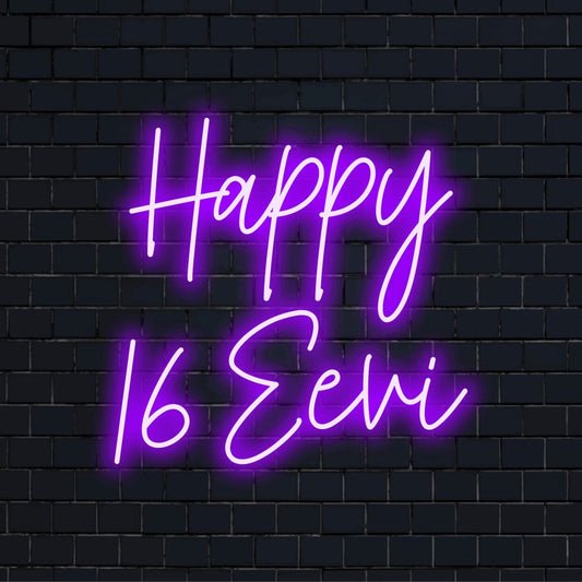 Happy 16 Eevi Personalized LED Neon Sign, soft neon glow against brick backdrop