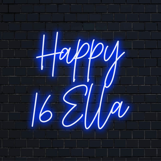 Happy 16 Ella Personalized Neon Light with bright LED glow on dark brick background