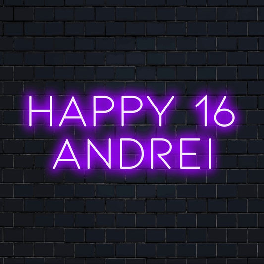 Happy 16 Andrei Custom Name Neon Sign, soft neon glow on dark brick background