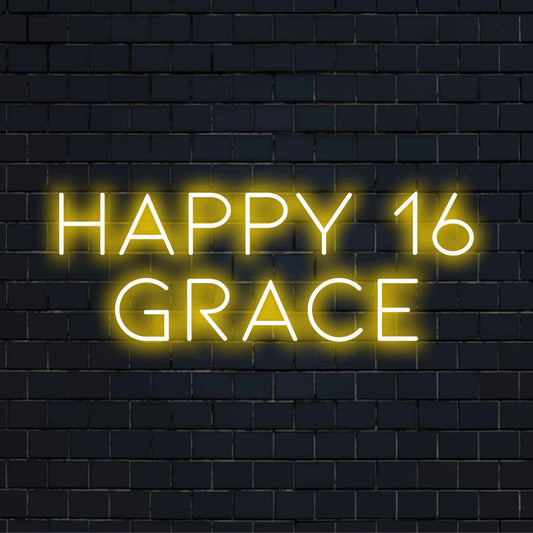 Happy 16 Grace Custom Name Neon Sign, glowing wall decor against black brick wall