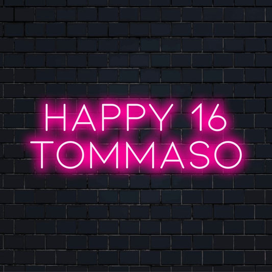 Happy 16 Tommaso Custom Name Neon Sign, glowing wall decor against brick backdrop