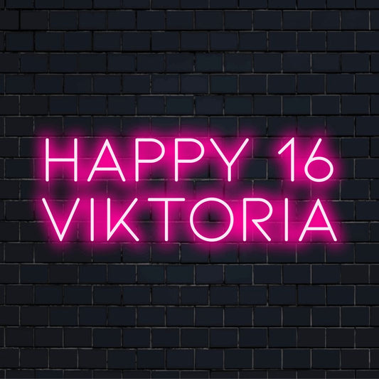 Happy 16 Viktoria Personalized Neon Light with bright neon glow against brick backdrop