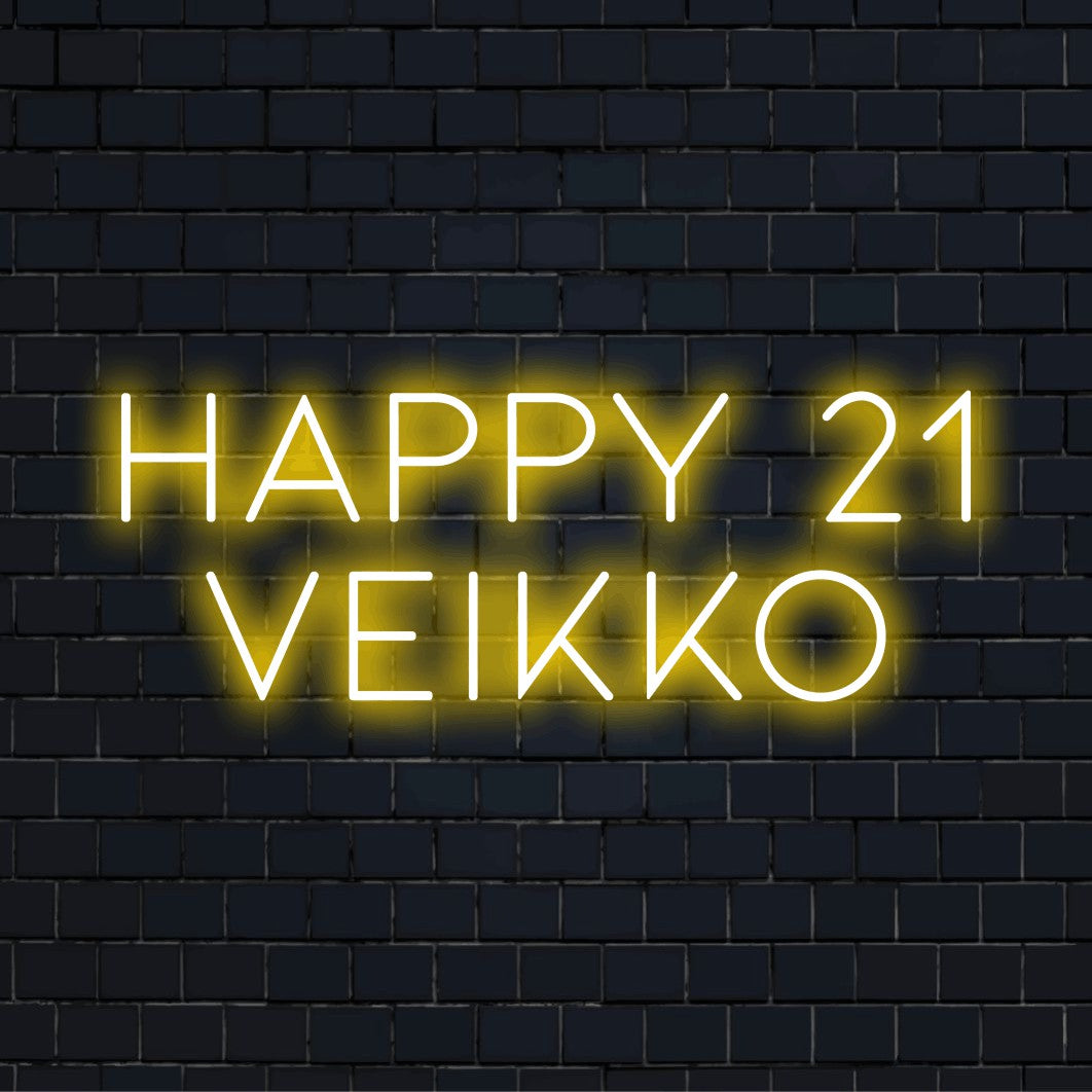 Happy 21 Veikko Personalized Neon Light with glowing lettering against brick backdrop