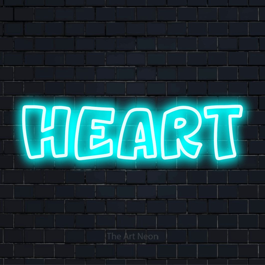 "Heart" neon text design on a black brick wall