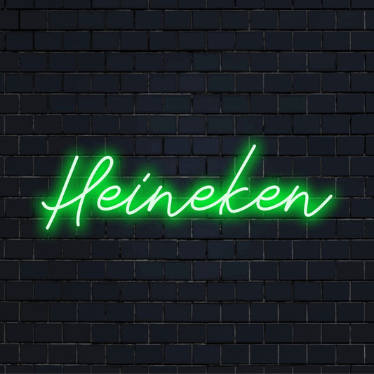 Heineken LED Neon Sign, neon text light against black brick wall