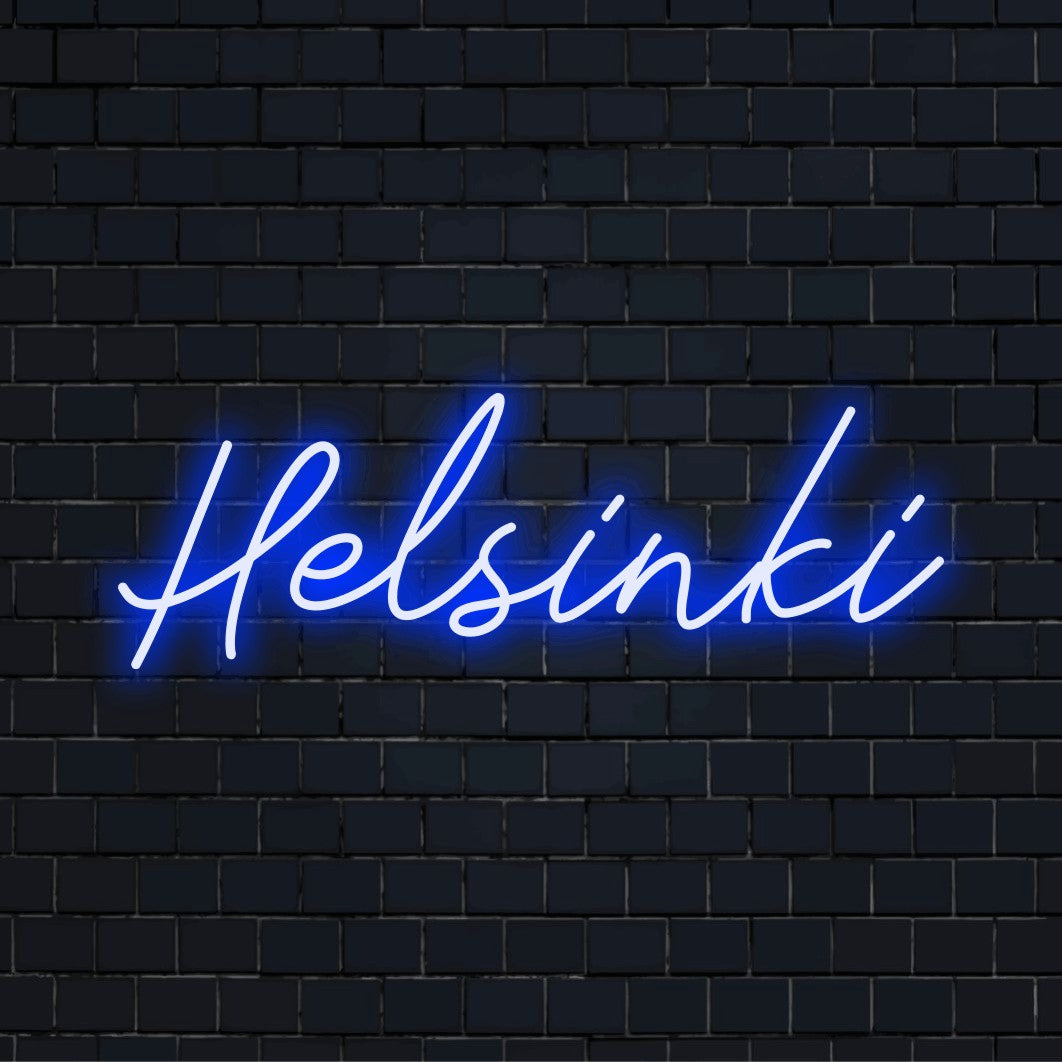 Helsinki Neon Light with bright LED glow on dark brick background