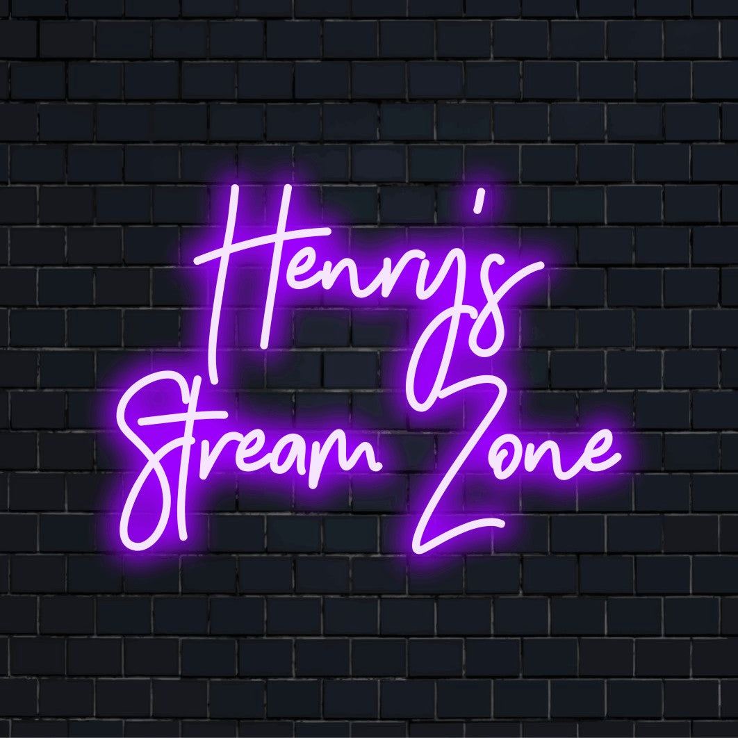 Henry_s Stream Zone Personalized LED Neon Sign, bright LED glow against brick backdrop