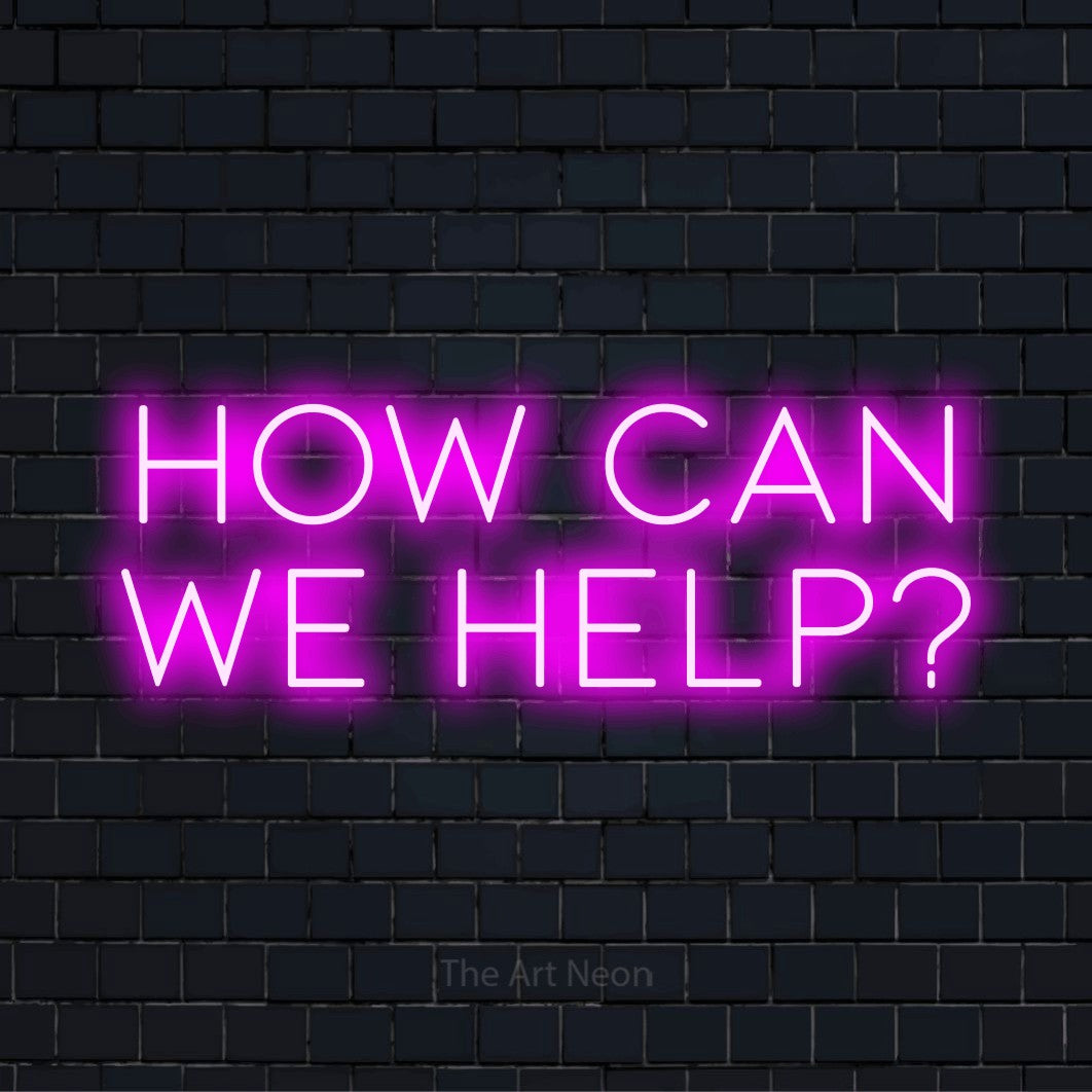 "How Can We Help?" LED neon sign on a black brick wall