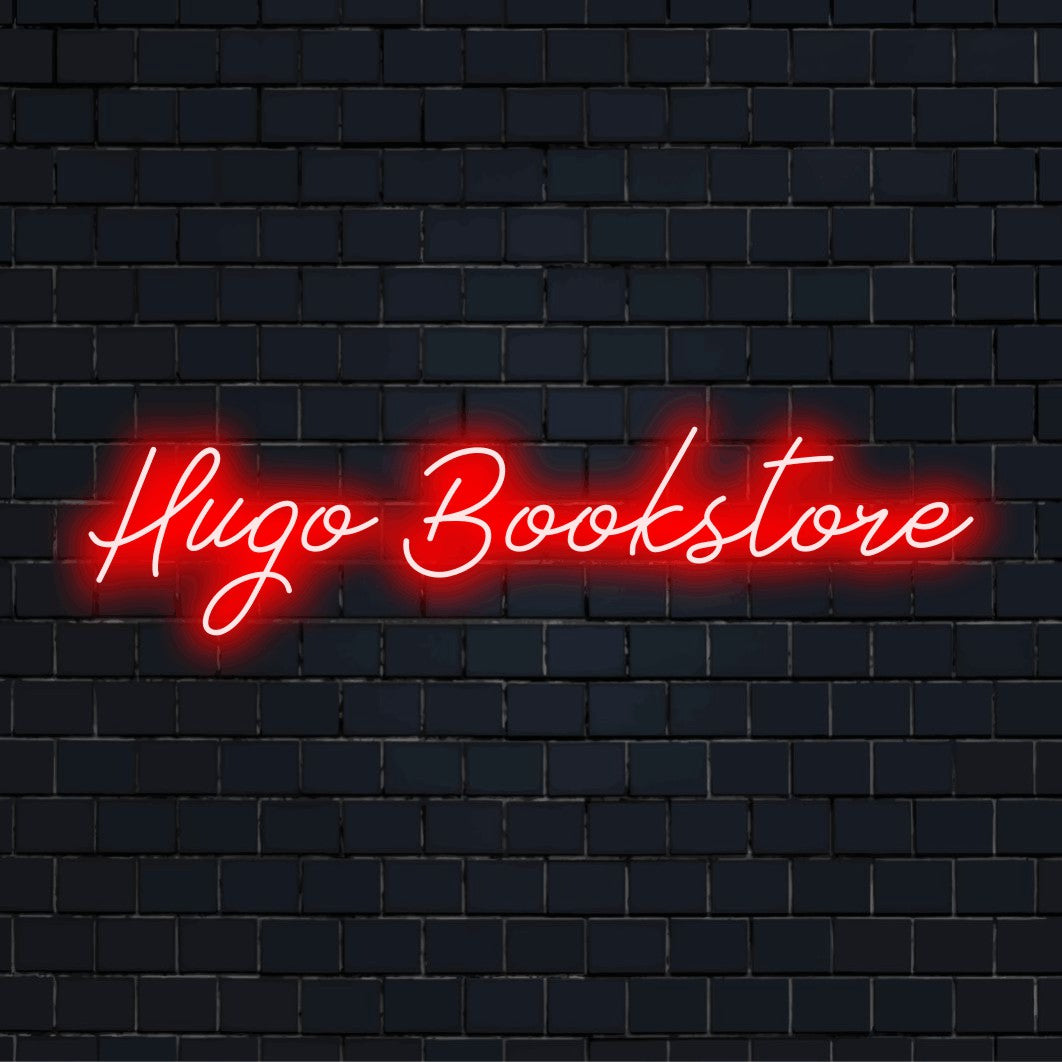 Hugo Bookstore Custom Name Neon Sign, glowing neon text on black brick background