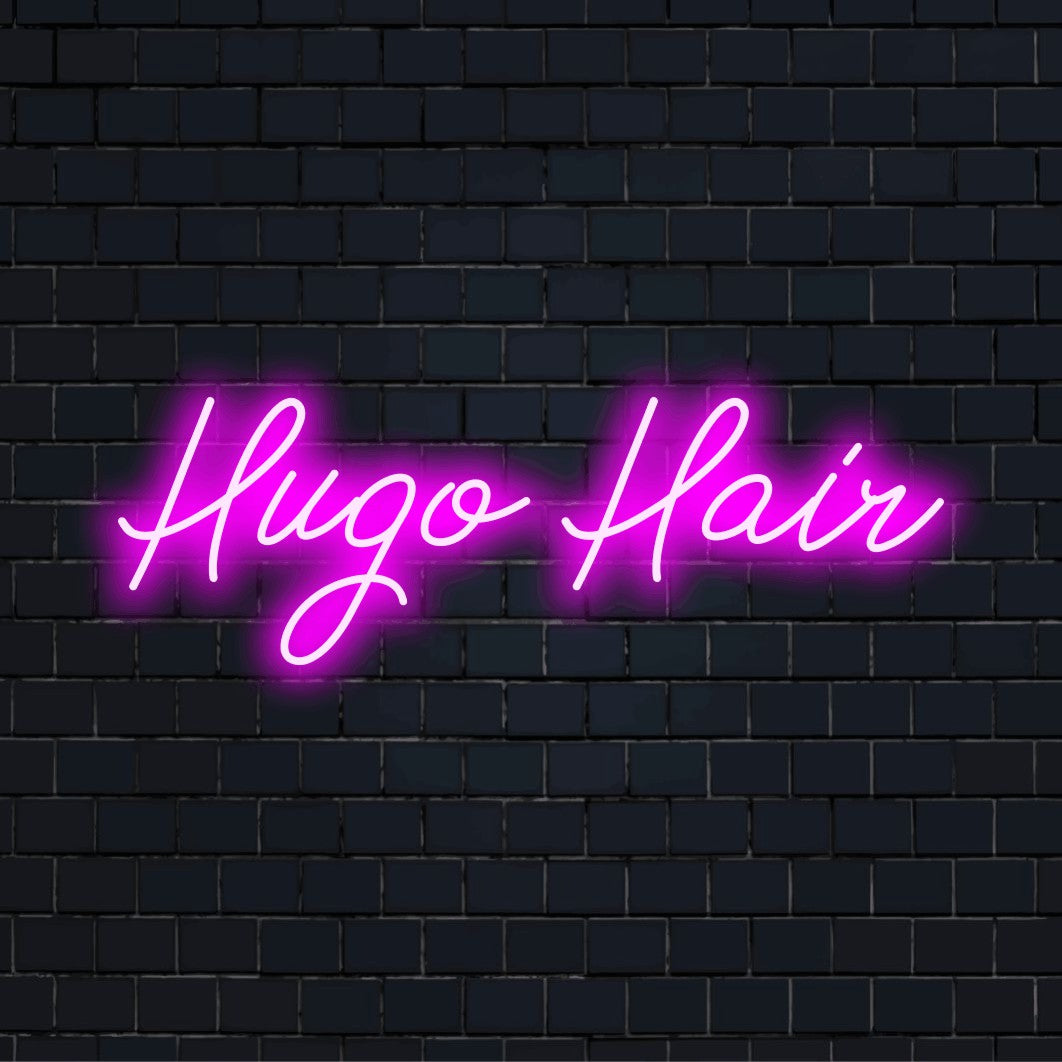 Hugo Hair Personalized LED Neon Sign, bright neon glow on dark brick wall