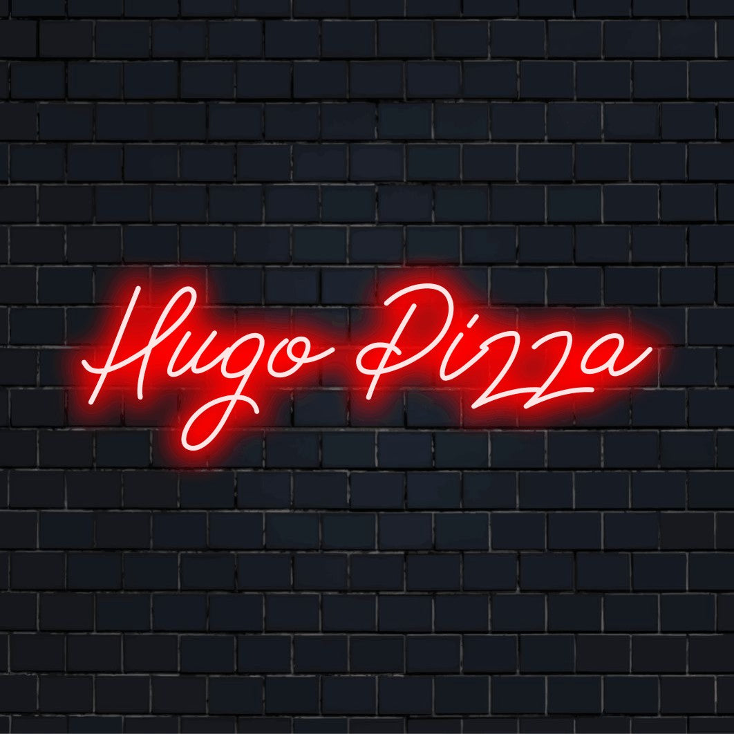 Hugo Pizza Personalized LED Neon Sign, bright neon glow against black brick wall