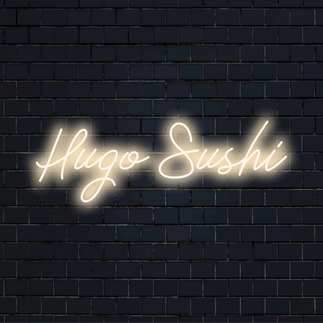 Hugo Sushi Personalized LED Neon Sign, bright neon glow on black brick background