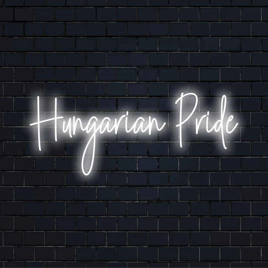 Hungarian Pride LED Neon Sign, bright neon glow against black brick wall