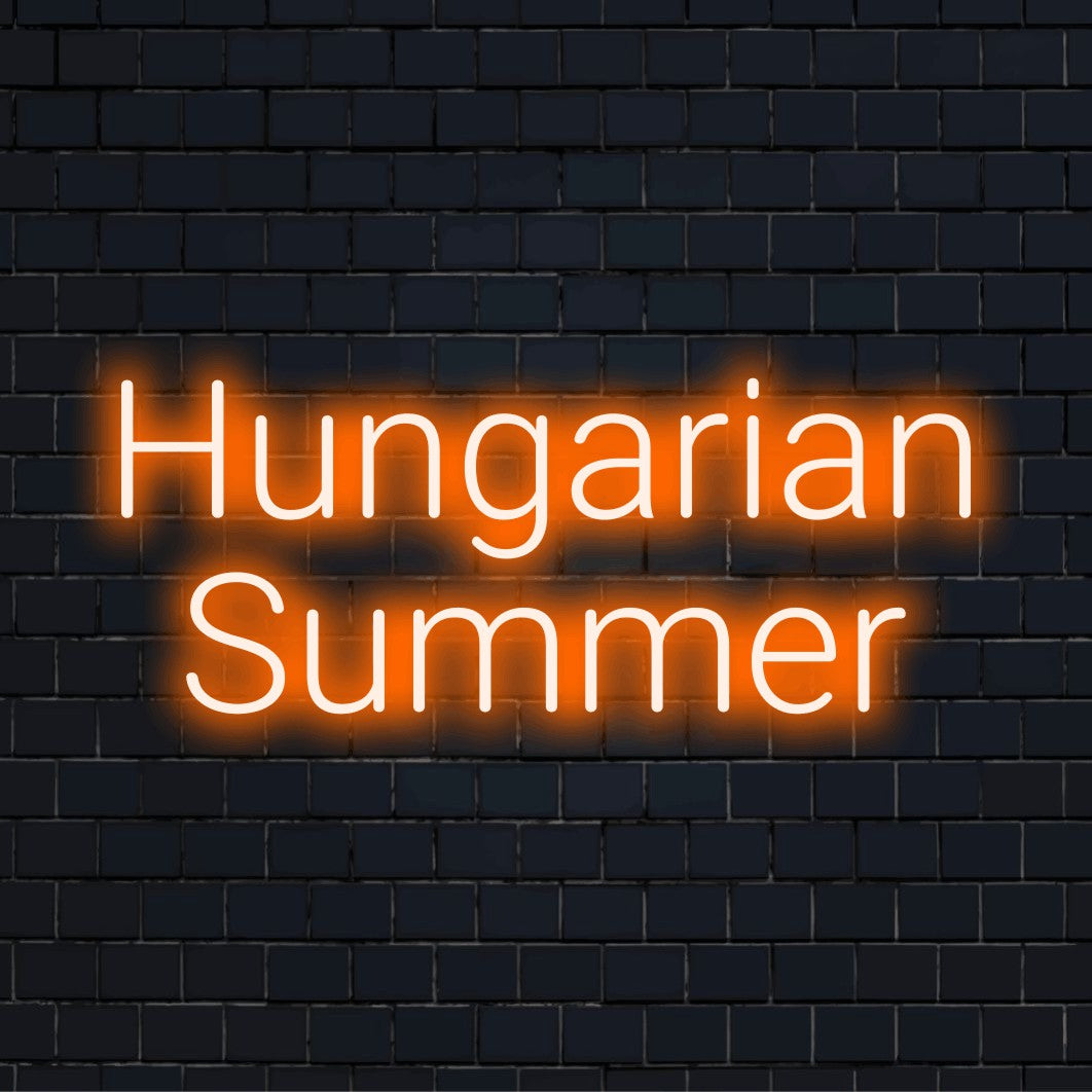 Hungarian Summer Neon Sign, bright LED glow on dark brick wall