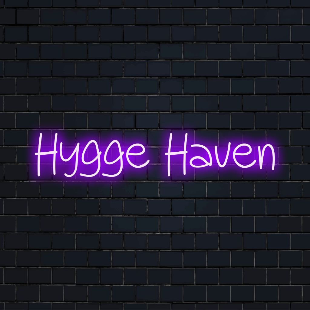 Hygge Haven Neon Sign, bright neon lettering on dark brick background