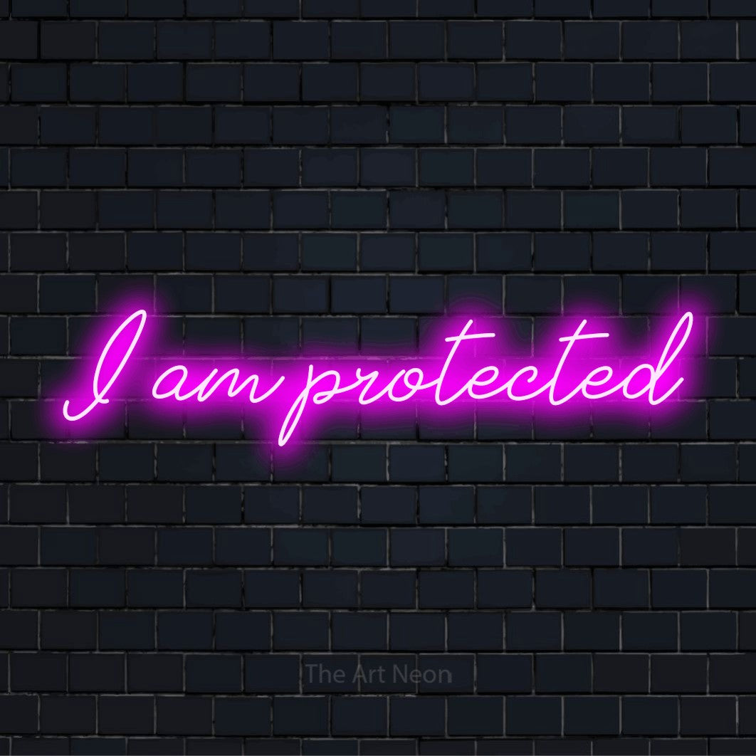 "I Am Protected" neon text design on a black brick wall