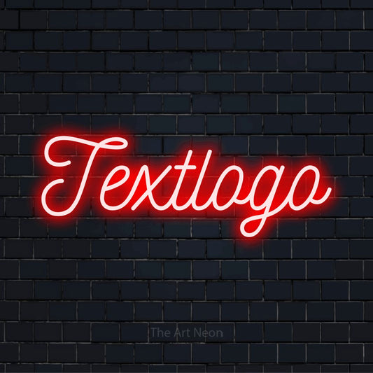 LED-Neonschild mit dem Text „Textlogo“ auf dunkler Ziegelwand