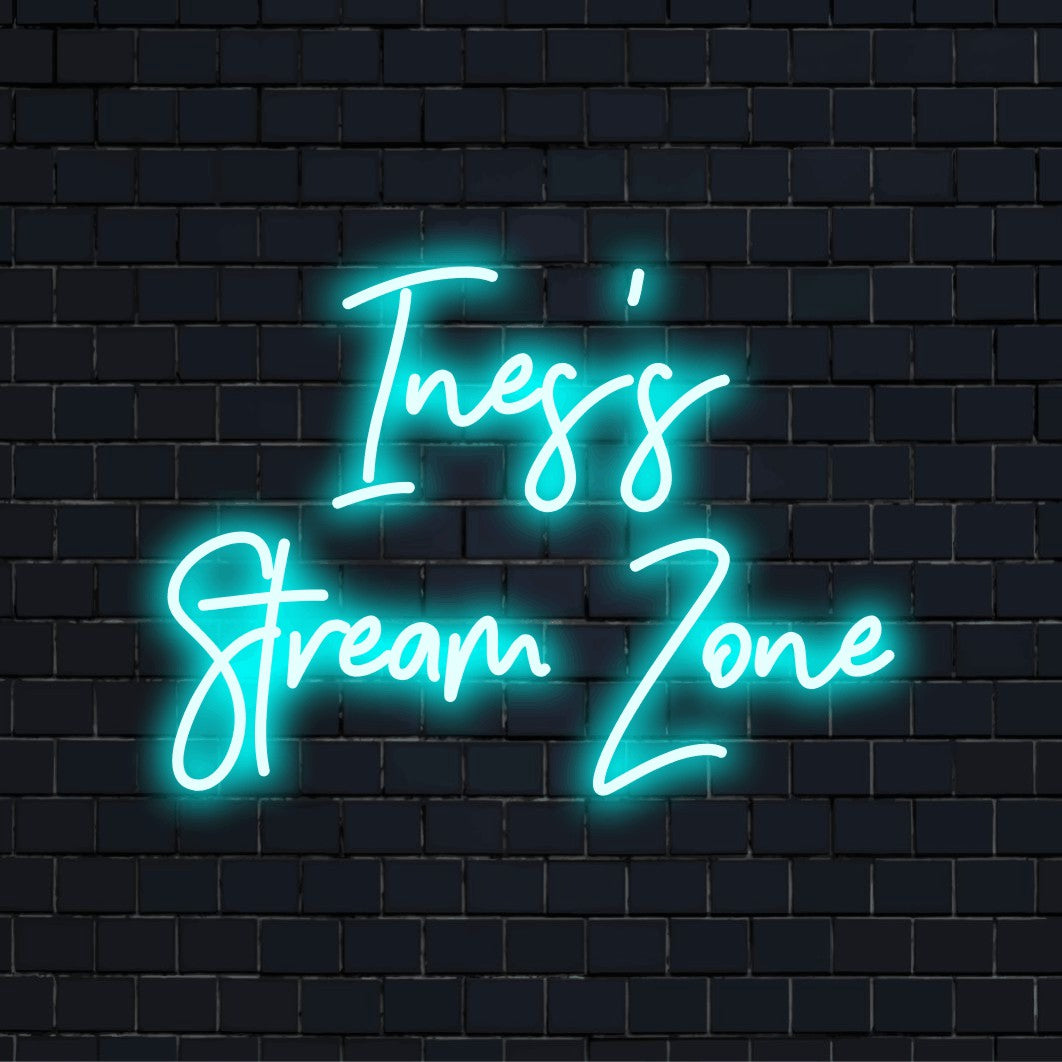 Ines_s Stream Zone Personalized LED Neon Sign, neon text light against black brick wall