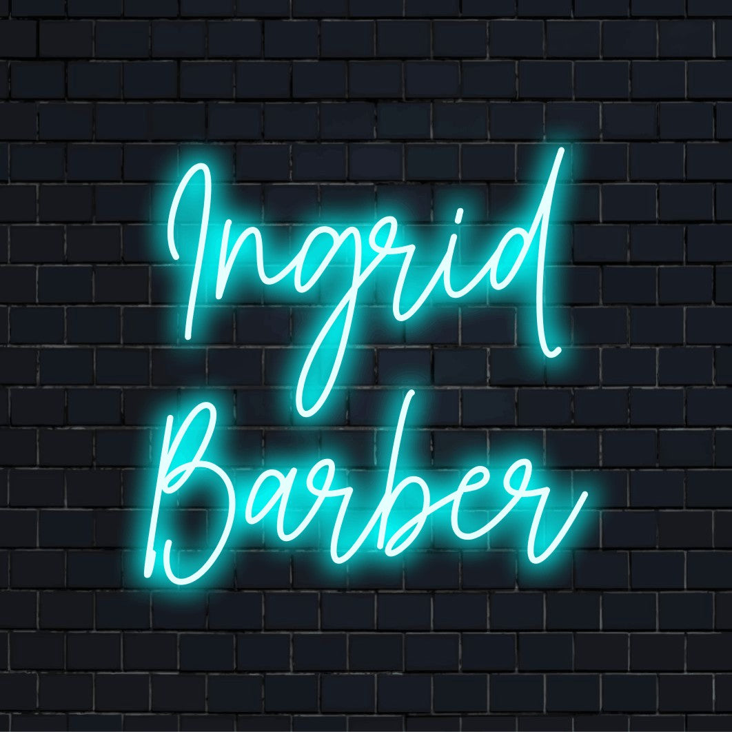 Ingrid Barber Personalized Neon Light with bright LED glow against brick backdrop
