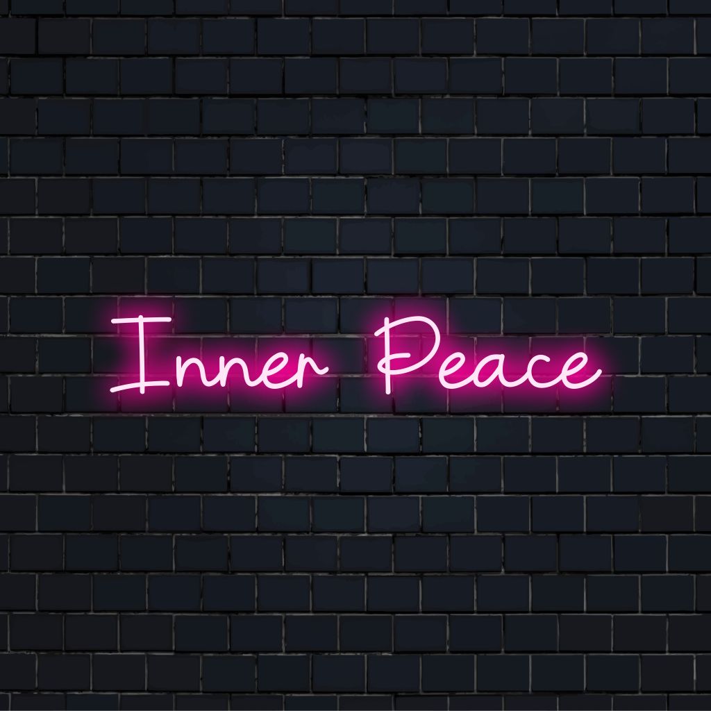 Inner Peace Neon Sign, bright neon glow on black brick background