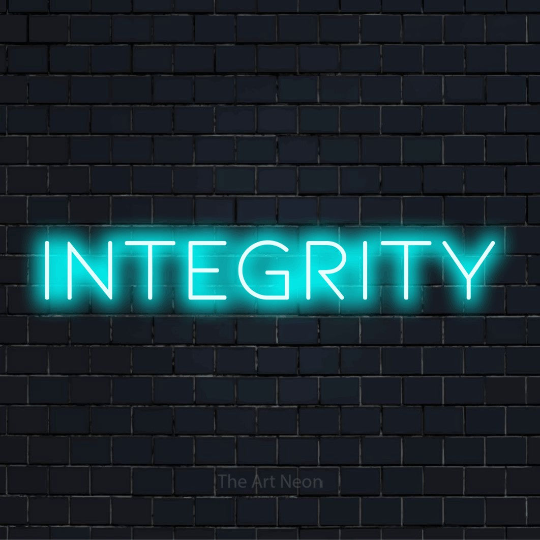 "Integrity" text design with neon effect on a black brick wall